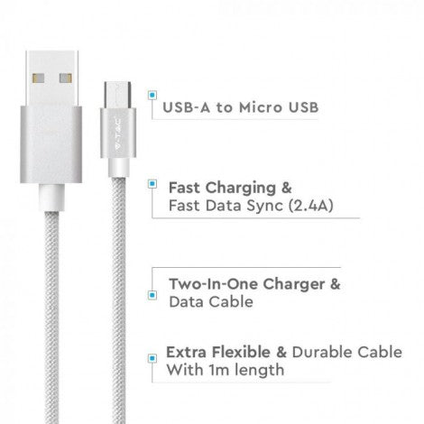1m 2.4A V-TAC MICRO USB cable silver