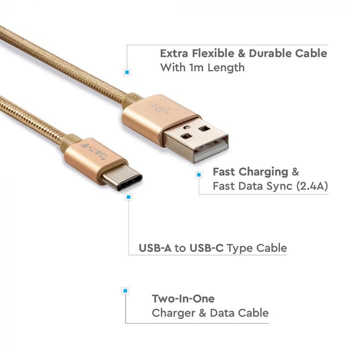 1m 2.4A V-TAC TYPE-C USB cable gold