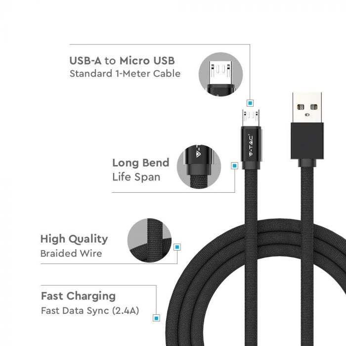 1m 2,4A V-TAC MICRO USB-kabel svart