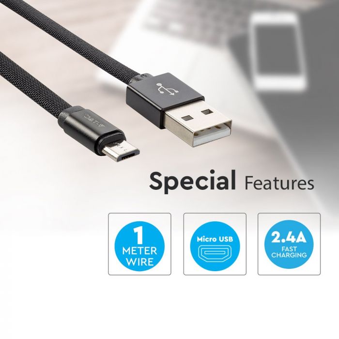 1m 2.4A V-TAC MICRO USB kabelis melns