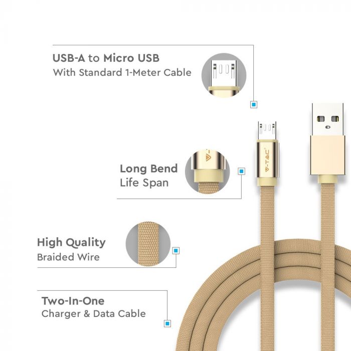 1m 2.4A V-TAC MICRO USB cable gold
