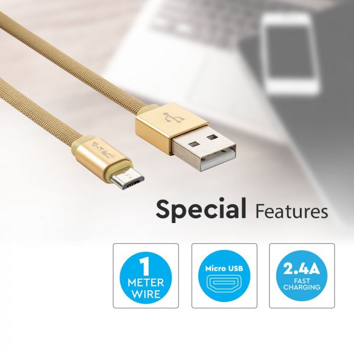 1m 2.4A V-TAC MICRO USB cable gold