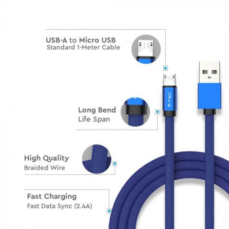 1m 2.4A V-TAC MICRO USB kabelis zils