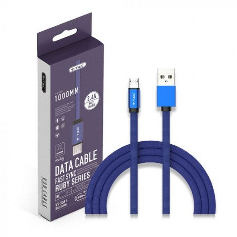 1m 2.4A V-TAC MICRO USB kabelis zils