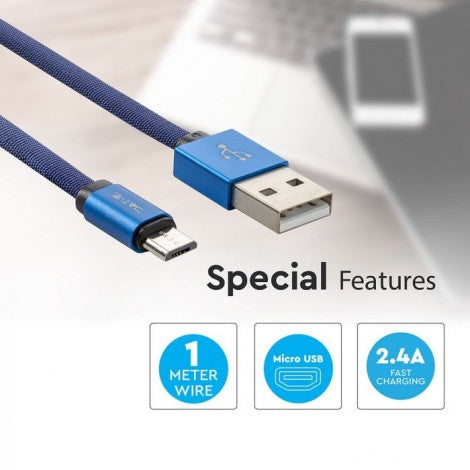 1m 2.4A V-TAC MICRO USB kabelis zils