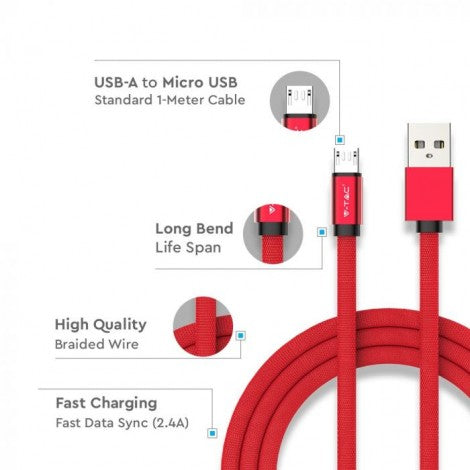 1m 2,4A V-TAC MICRO USB kaabel punane