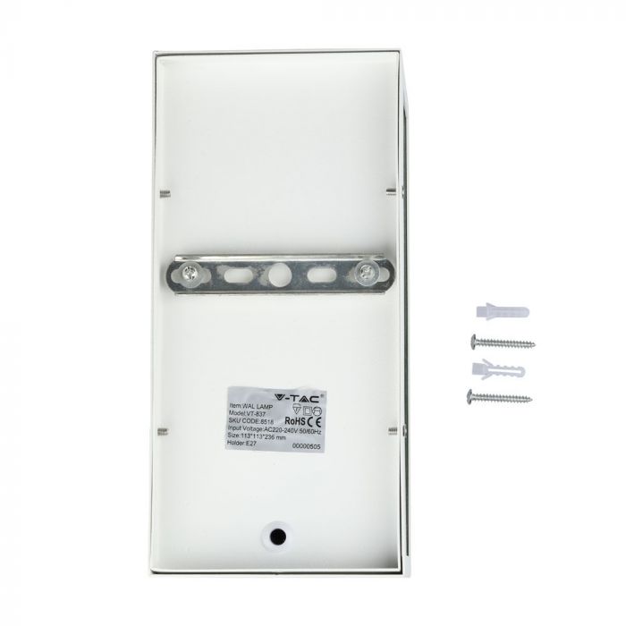 V-TAC Fasadlampram med 1xE27 LED-lampa (glödlampa ingår ej), lampan vänd uppåt, vit, IP44