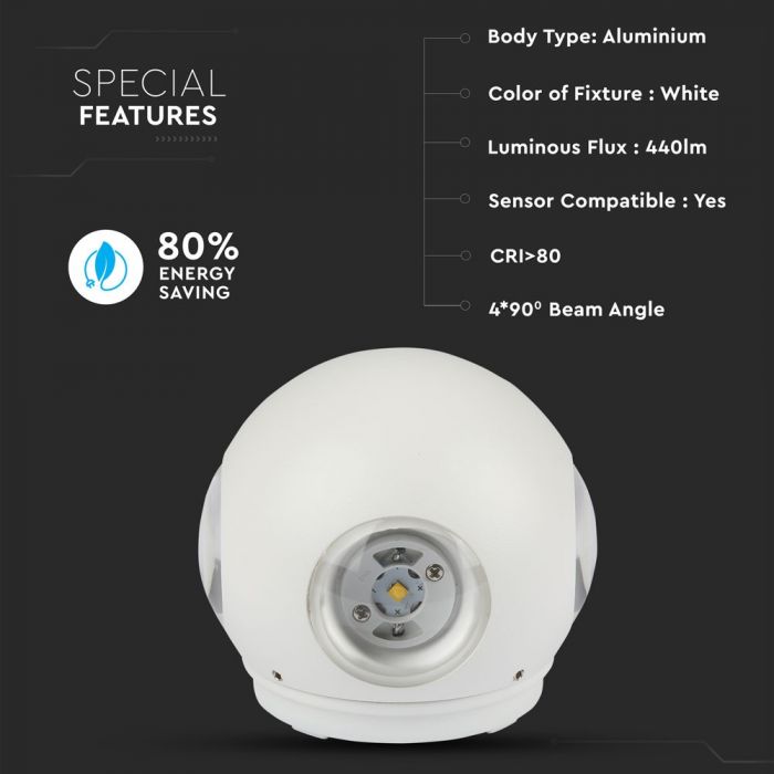 4W(420Lm) LED Fasādes gaismeklis, V-TAC, IP65, balta, silti balta gaisma 3000K