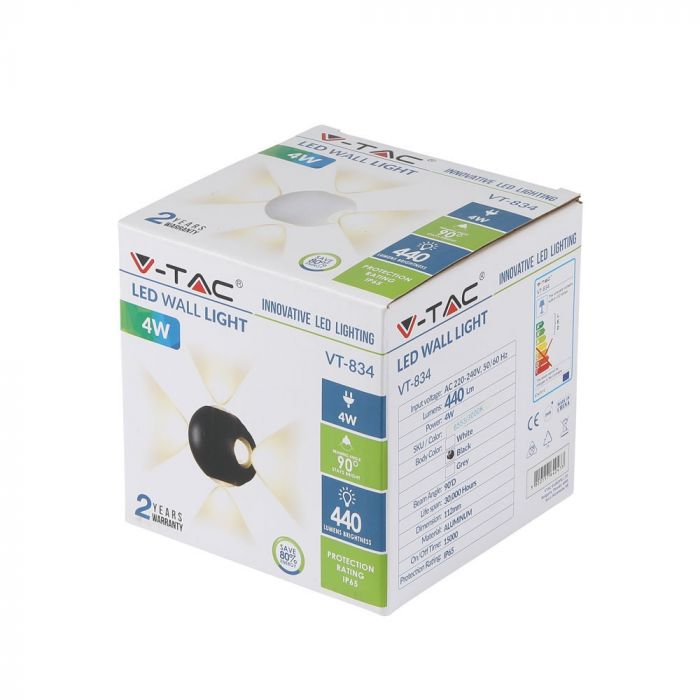 4W(420Lm) LED Fasādes gaismeklis, V-TAC, IP65, melna, silti balta gaisma 3000K