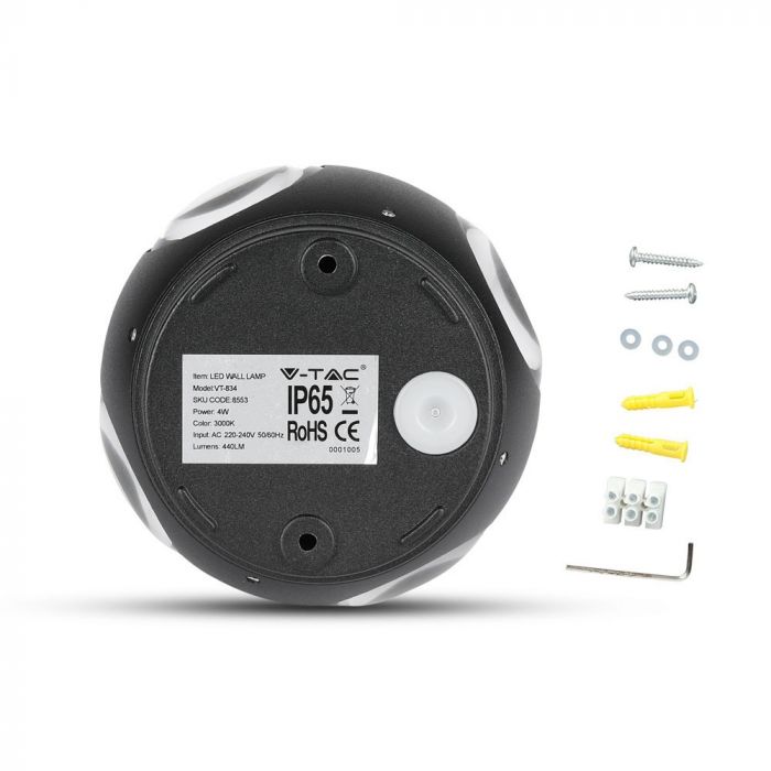 4W(420Lm) LED Fasādes gaismeklis, V-TAC, IP65, melna, silti balta gaisma 3000K