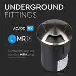 12V V-TAC Garden lamp, stainless steel housing, recessed, 3 windows, MR16, IP67, max 20W, W3