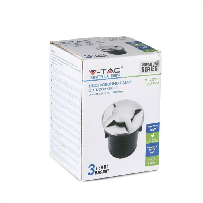12V V-TAC Garden lamp, stainless steel housing, recessed, 3 windows, MR16, IP67, max 20W, W3