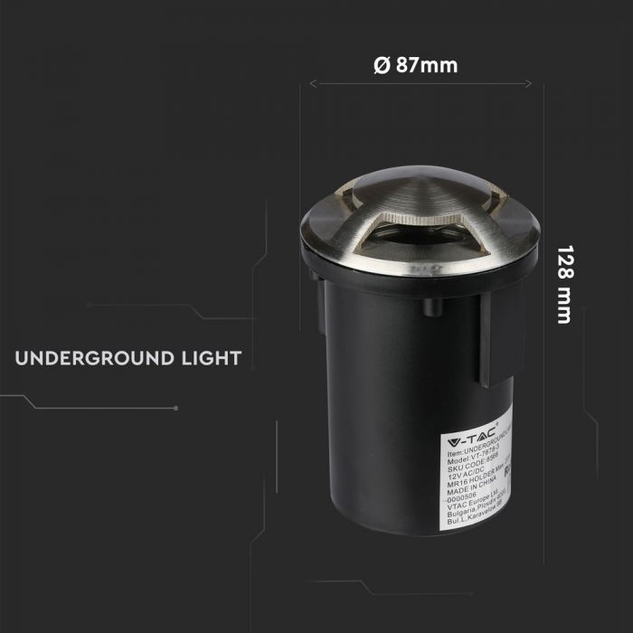 12V V-TAC Garden lamp, stainless steel housing, recessed, 3 windows, MR16, IP67, max 20W, W3