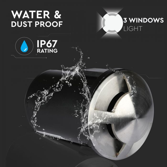 12V V-TAC Garden lamp, stainless steel housing, recessed, 3 windows, MR16, IP67, max 20W, W3