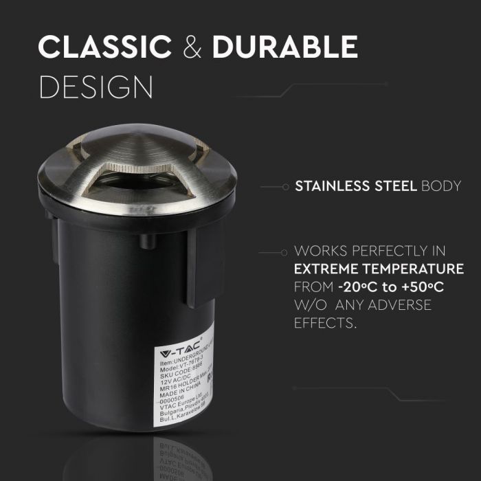 12V V-TAC Garden lamp, stainless steel housing, recessed, 3 windows, MR16, IP67, max 20W, W3