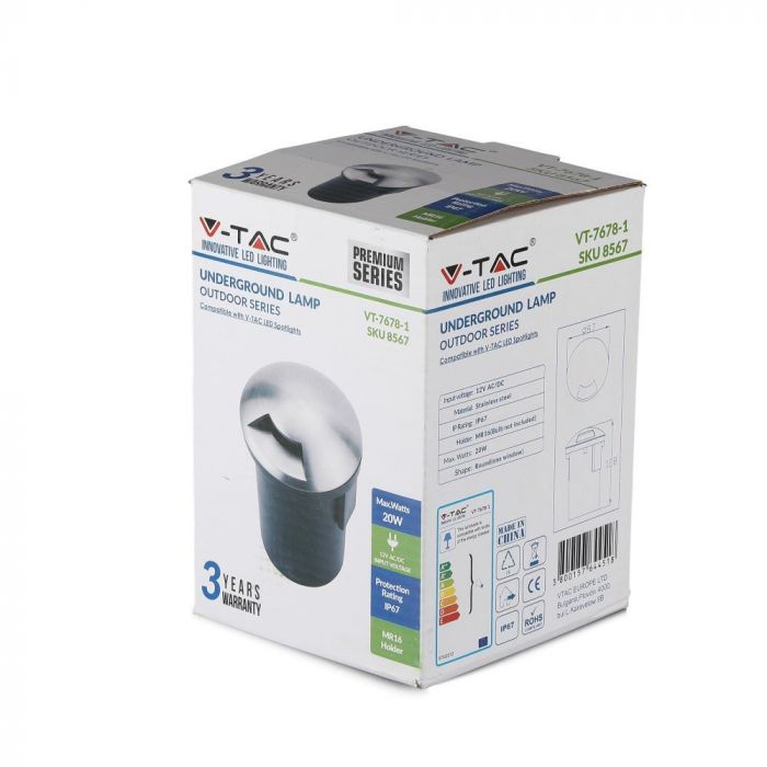 12V V-TAC aialamp, roostevabast terasest korpus, süvistatav, 1 aken, MR16, IP67, max 20W, W1