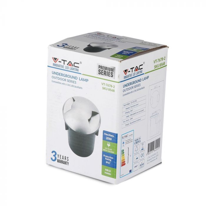 12V V-TAC aiavalgusti, roostevabast terasest korpus, süvistatav, 2 akent, MR16, IP67, max 20W, W2
