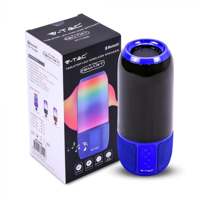 Juhtmevaba LED-kõlar BLUETOOTHiga, RGB värvilised tuled, USB ja TF-kaardi pesa, kummist viimistlus, V-TAC