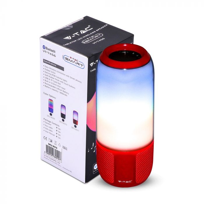 Juhtmevaba LED-kõlar BLUETOOTHiga, RGB värvilised tuled, USB ja TF-kaardi pesa, kummist viimistlus, V-TAC