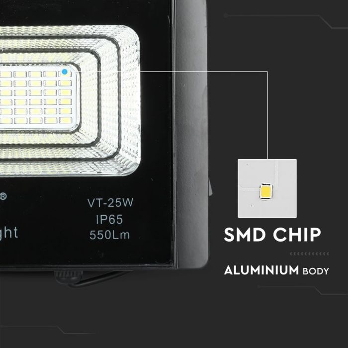 12W (550Lm) LED Spotlight med solcell 5000mAh, V-TAC, IP65, svart hölje, neutralt vitt ljus 4000K