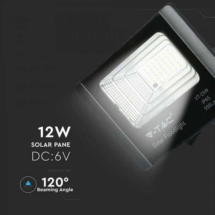 12W (550Lm) LED Spotlight med solcell 5000mAh, V-TAC, IP65, svart hölje, neutralt vitt ljus 4000K