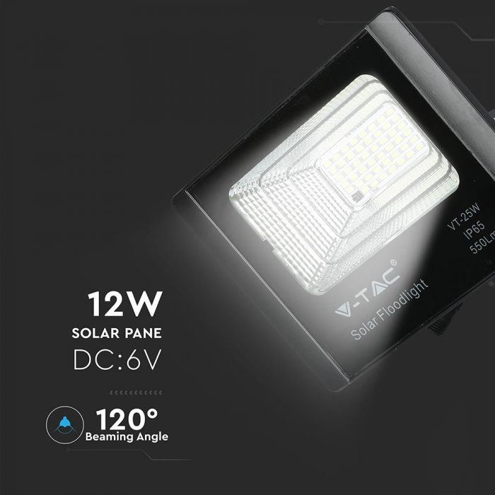 12W(550Lm) LED Prožektors ar saules bateriju 5000mAh, V-TAC, IP65, melns korpuss, neitrāli balta gaisma 4000K