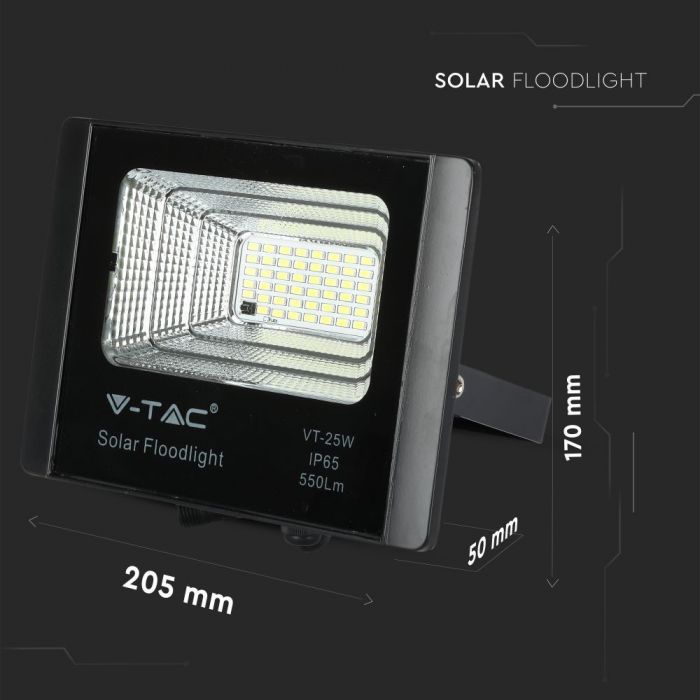 20W(1650Lm) LED Prožektors ar saules bateriju 10000mAh, V-TAC, IP65, melns korpuss, neitrāli balta gaisma 4000K