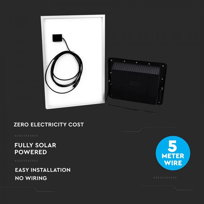 35W(2450Lm) LED Prožektors ar saules bateriju 15000mAh, V-TAC, IP65, melns korpuss, neitrāli balta gaisma 4000K