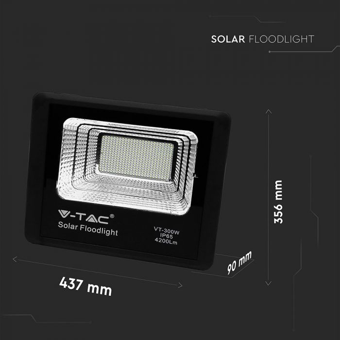 35W(2450Lm) LED Prožektors ar saules bateriju 15000mAh, V-TAC, IP65, melns korpuss, neitrāli balta gaisma 4000K