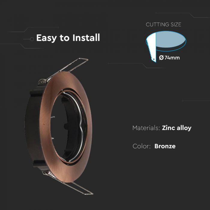 GU10 recessed frame/fixture, round, adjustable lighting angle, Ø82X25 mm, recessed Ø74mm, bronze, V-TAC