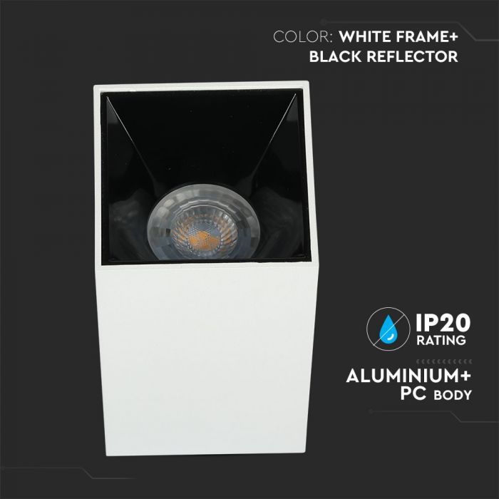 GU10 infälld ram/armatur, IP20, kvadratisk, vit/svart, 74 x 74 x 140 mm, max 35W, V-TAC