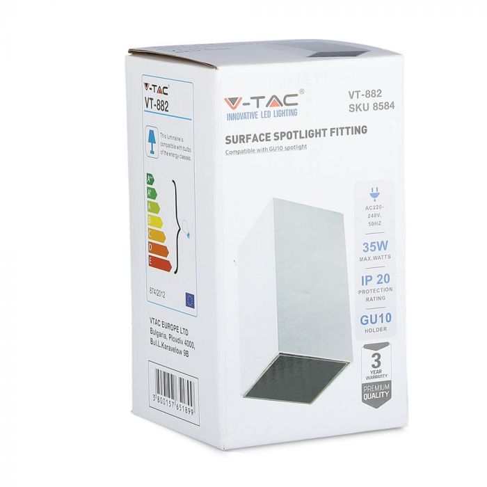 GU10 infälld ram/armatur, IP20, kvadratisk, vit/svart, 74 x 74 x 140 mm, max 35W, V-TAC