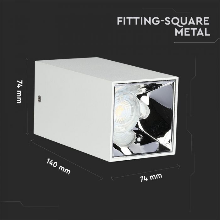 GU10 iebūvējams karkass/armatūra, IP20, kvadrāta formas, balts/hroms, 74 x 74 x 140 mm, max 35W, V-TAC