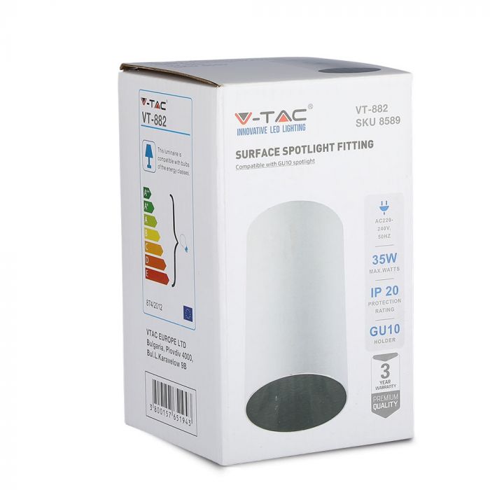 GU10 toppram/armatur, IP20, rund, vit/svart, Ø80x140mm, max 35W, V-TAC