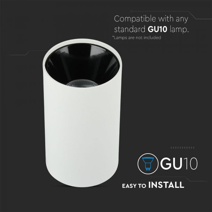 GU10 toppram/armatur, IP20, rund, vit/svart, Ø80x140mm, max 35W, V-TAC