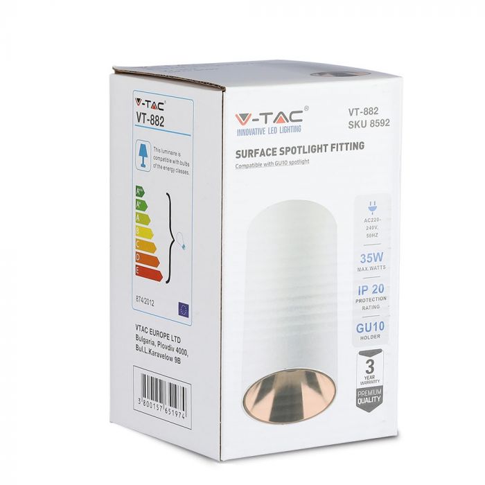 GU10 toppram/armatur, IP20, rund, vit/roséguld, Ø80x140mm, max 35W, V-TAC