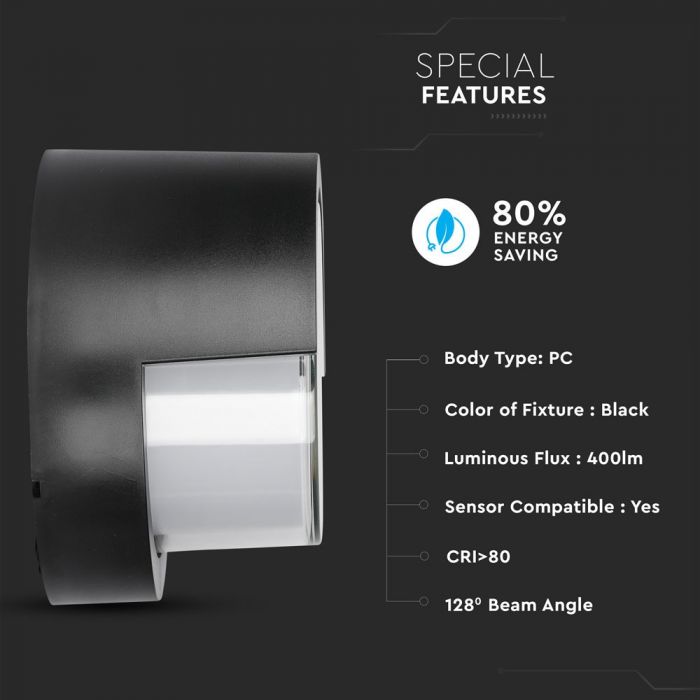 7W(400Lm) LED Fasādes gaismeklis, IP65, V-TAC, apaļš, melns, silti balta gaisma 3000K