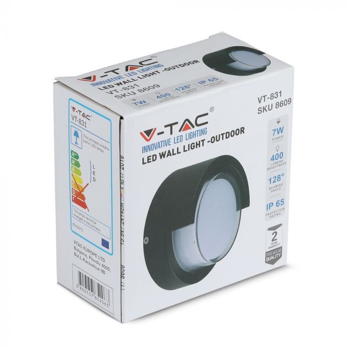 7W(400Lm) LED Fasādes gaismeklis, IP65, V-TAC, apaļš, melns, silti balta gaisma 3000K