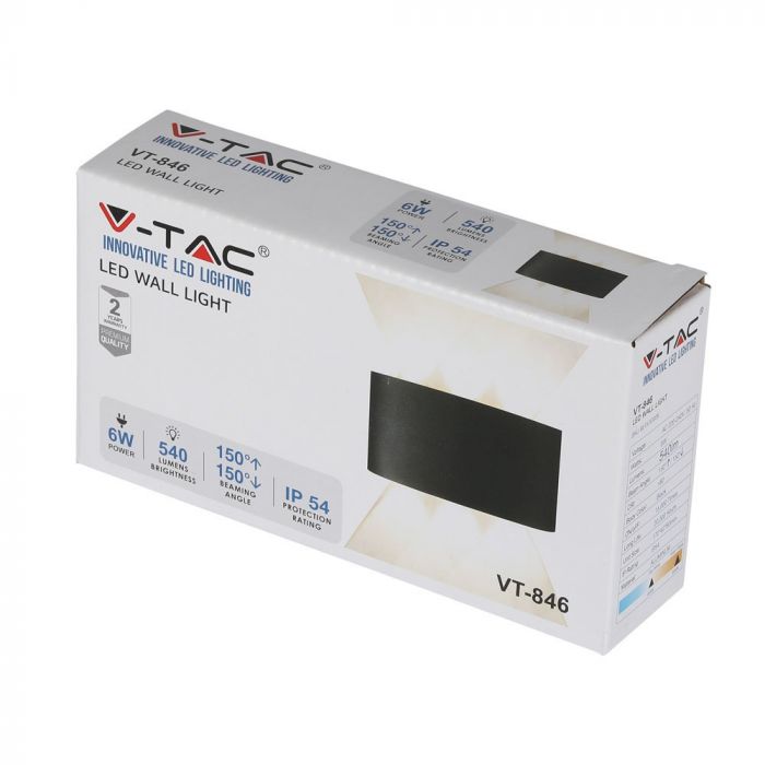 6W(540Lm) LED-frontarmatur, V-TAC, IP54, svart, varmvitt ljus 3000K