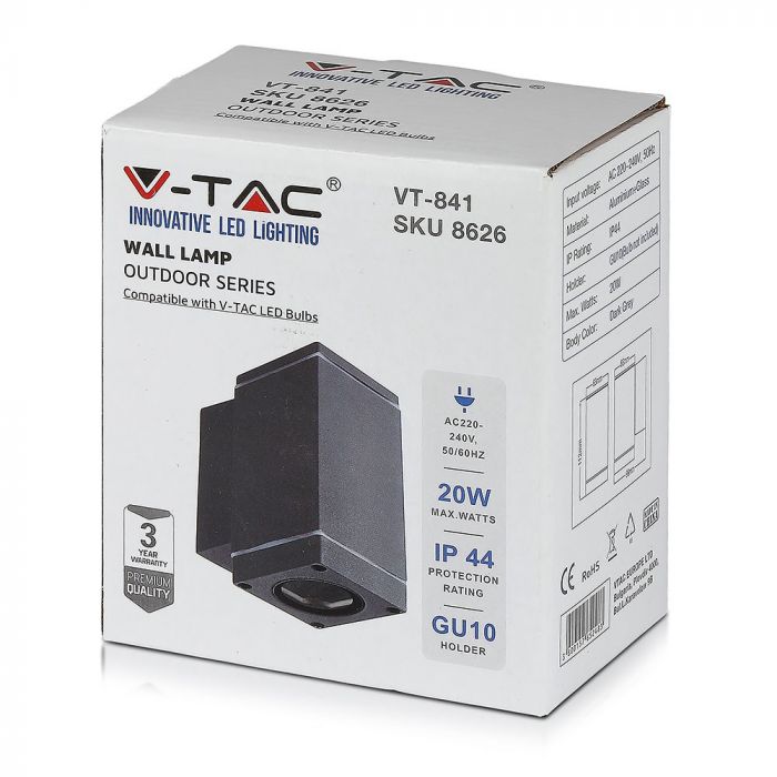 Каркас светильника V-TAC Facade с лампой 1xGU10LED (лампа в комплект не входит), темно-серый, IP44
