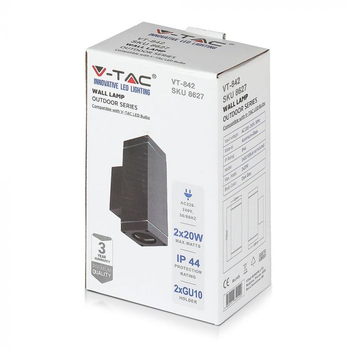 V-TAC Two-way Facade lamp frame with 2xGU10 LED bulbs (bulbs not included), dark grey, IP44