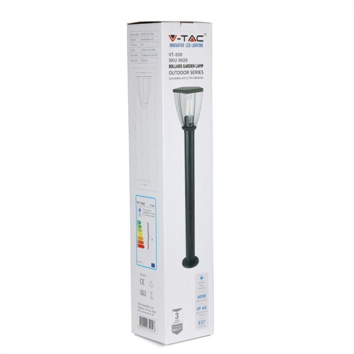 V-TAC dārza laterna ar 1xE27 LED spuldzi (spuldze nav iekļauta), melns, IP44