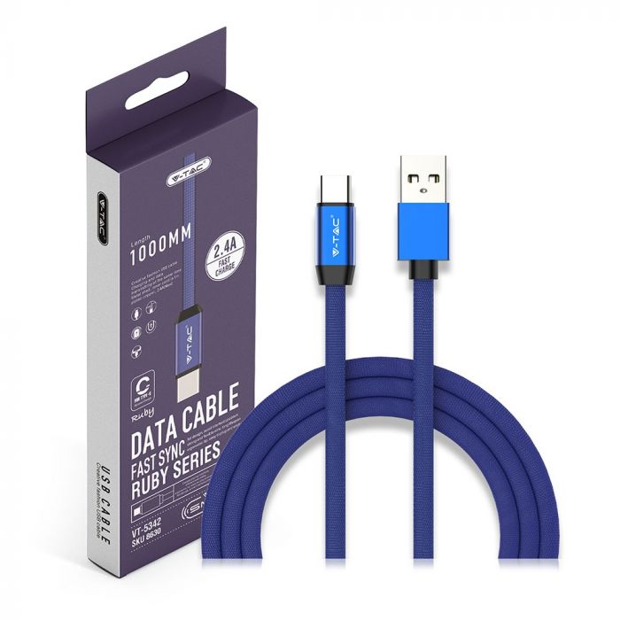 1m 2.4A V-TAC TYPE-C USB kabelis zils