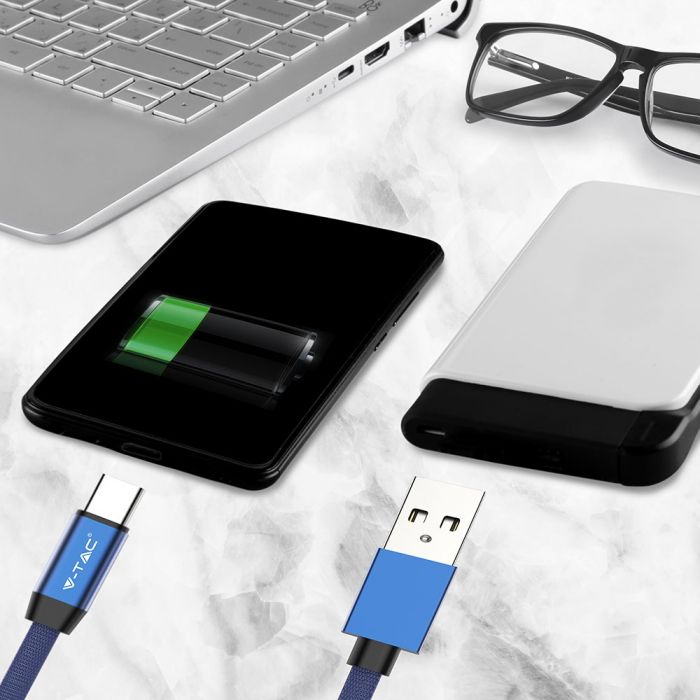 1m 2.4A V-TAC TYPE-C USB kabelis zils