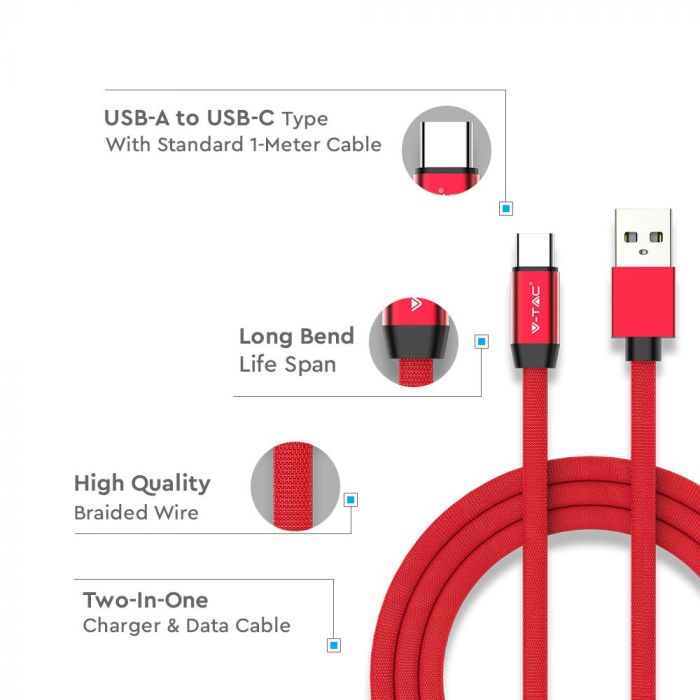 1m 2.4A V-TAC TYPE-C USB kabelis sarkans