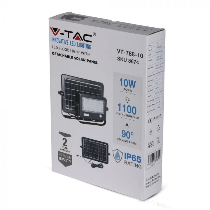 10W (1100Lm) LED-valgusti päikesepatareiga Li-ion 18650, 3.7V, 7200mAh, IP65, V-TAC, neutraalne valge valgus 4000K