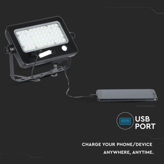 10W (1100Lm) LED-valgusti päikesepatareiga Li-ion 18650, 3.7V, 7200mAh, IP65, V-TAC, neutraalne valge valgus 4000K