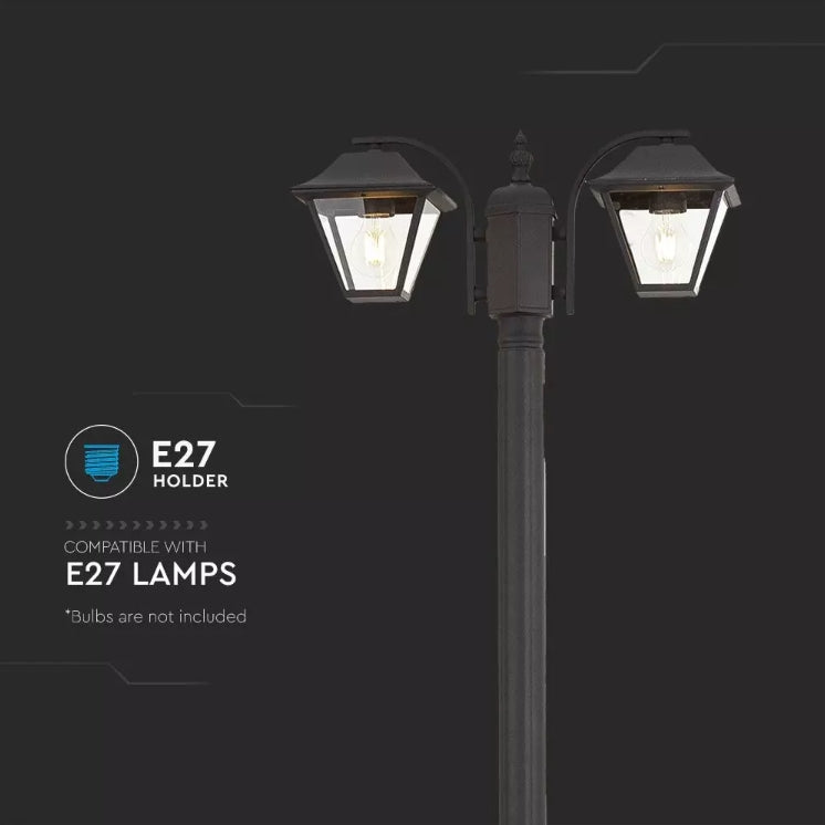 V-TAC dārza laterna ar 2xE27 LED spuldzēm (spuldzes nav iekļautas), melna, IP44