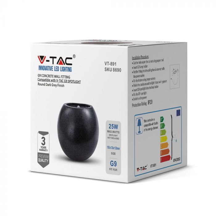 V-TAC G9 LED betoonist seinavalgusti, tumehall, ümmargune, IP20, MAX 25W