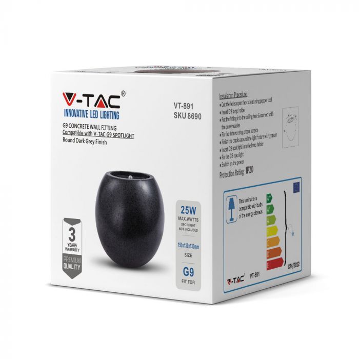 Настенный светодиодный светильник V-TAC G9 LED для бетона, темно-серый, круглый, IP20, MAX 25W
